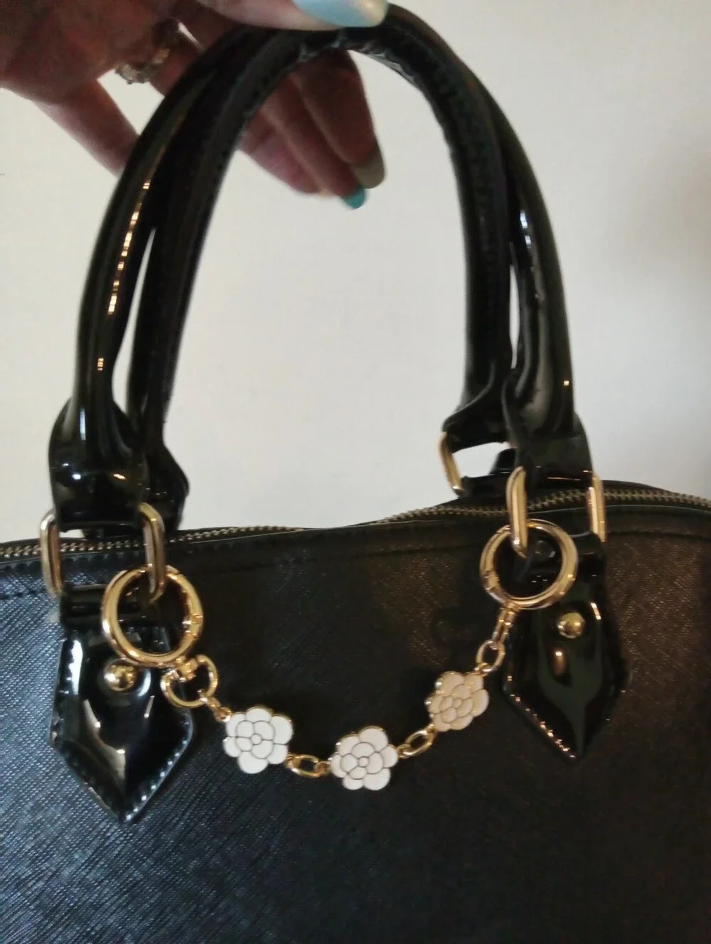 Michael Kors Black Leather/Patent Trim Dome Satchel with Gold Logo EUC